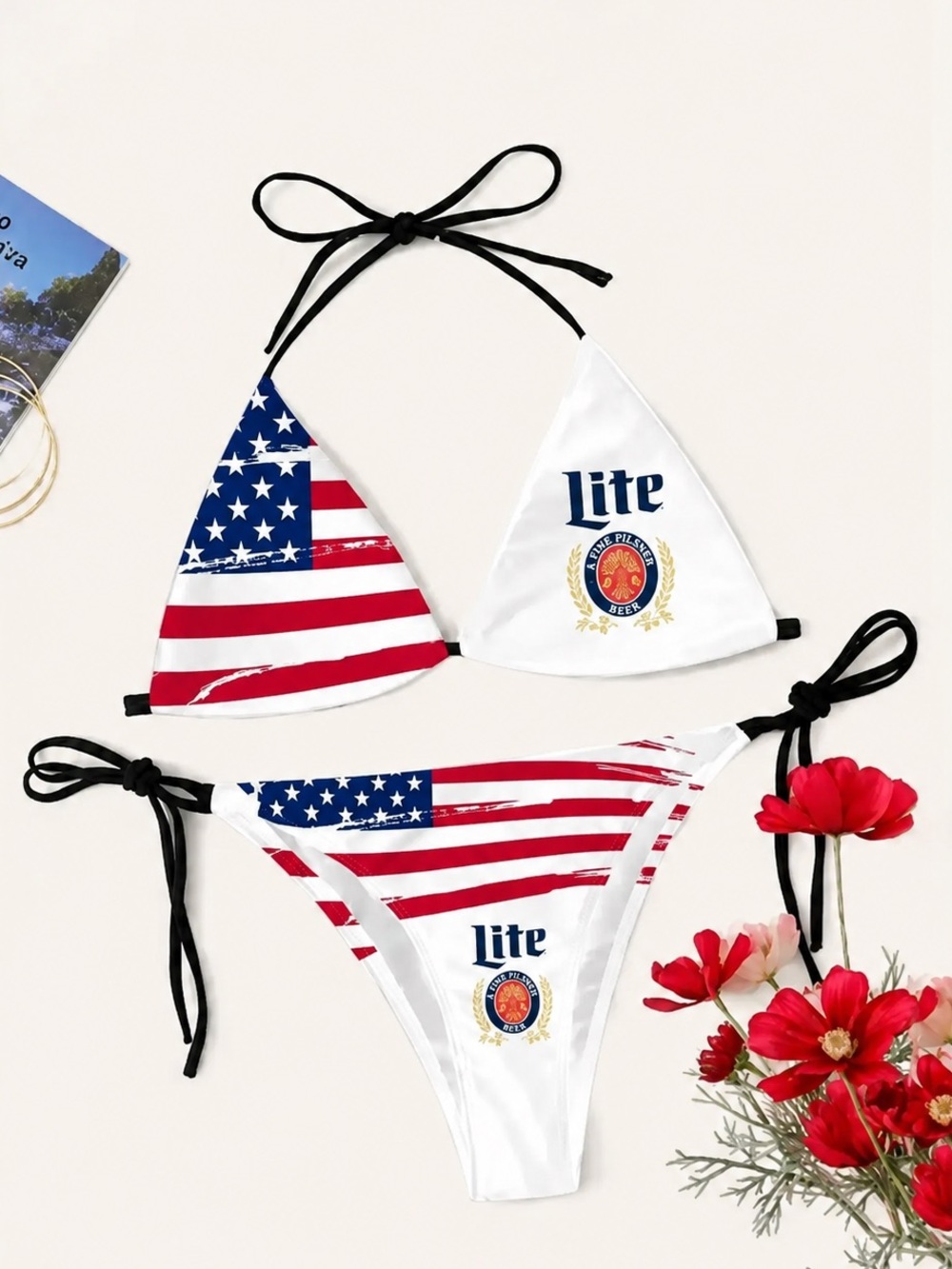 Miller Lite American Flag Triangle Bikini Set Size S NWOT Y2K Beer Swimwear